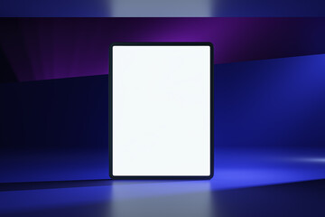 Front view on blank white digital tablet screen with space for your logo or text on abstract graphic dark blue and purple shades background. 3D rendering, mockup
