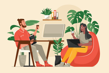 Open space yellow concept with people scene in the flat cartoon style. Employees work in an open space and can follow each other's work. Vector illustration.