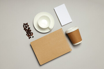 Mockup flat lay with different freelance accessories on light gray background