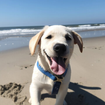 Dog labrador puppy runs along the sandy beach against the blue sea and the horizon. The bright day sun shines.