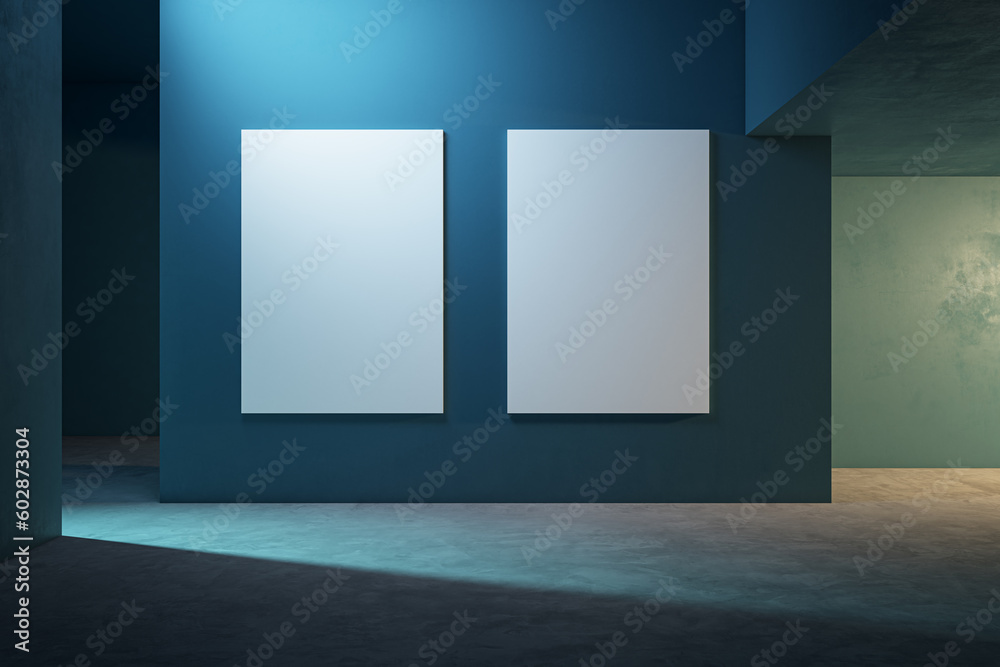 Poster Front view on two blank white posters with space for your logo or text on dark wall partition in abstract exhibition hall with concrete floor. 3D rendering, mockup