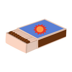 A full box of matches in an open position. Ignition device. Smoking, making fire. Wooden matches with a sulfur head. Vector object isolated on white background.