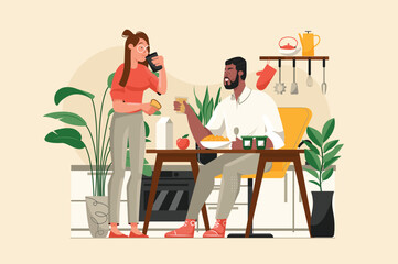 Breakfast yellow concept with people scene in the flat cartoon design. A woman feeds a man a delicious breakfast. Vector illustration.