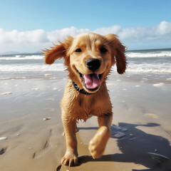 Dog puppy wet on the sandy beach against the blue sea and the horizon. The bright day sun shines. generative ai
