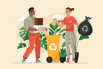 Garbage sorting yellow concept with people scene in the flat cartoon design. A young couple is engaged in sorting garbage into special boxes. Vector illustration.
