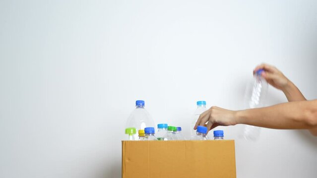 Volunteer keep plastic bottle into paper box at home or office. Hand Sorting Recycle garbage. Ecology, Environmental, pollution, Dispose recycling, waste management and trash Separation concept