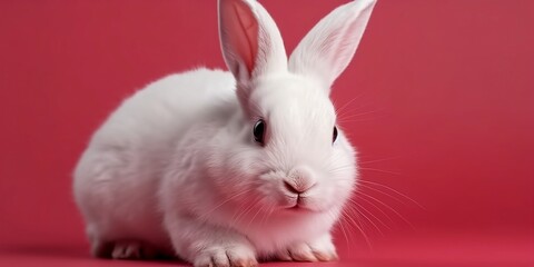 Obraz premium White rabbit on a pink background. Generative AI.