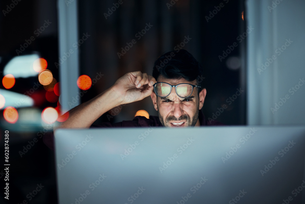 Poster night work, computer and confused businessman in glasses or frustrated with screen, online communica