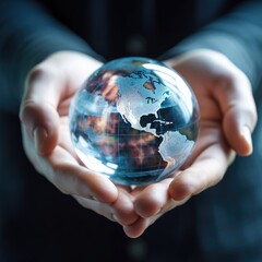 Businessman holds crystal globe in hands,Crystal Earth On green grass Environment concept, Glass globe in the grass,AI generated.