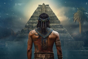 Aztec strong man old pyramid. Generate AI - obrazy, fototapety, plakaty
