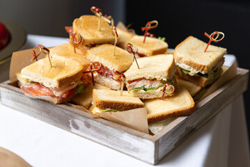 Smoked Salmon sandwiches Finger Food Brunch Buffet. A delectable spread of tasty finger food, from smoked salmon sandwiches to wheat bread and sandwich quarters with chicken fillet and lettuce.