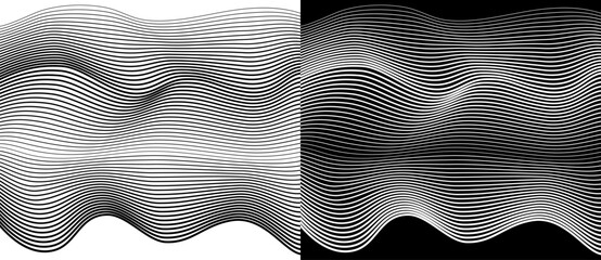 Abstract art geometric background with waving lines. Optical illusion with waves and transition. Black shape on a white background and the same white shape on the black side.