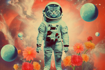 surreal collage of an astronaut cat in a universe colorful background, pop style, generative ai illustration