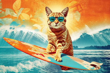 Obraz na płótnie Canvas funny cat, king of surf, pop style surreal collage, generative ai illustration