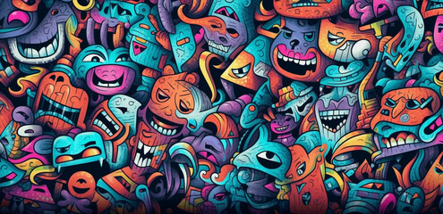Fototapeta na wymiar colorful graffiti pattern banner background, with funny group monsters, generative ai illustration