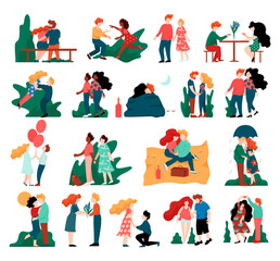 Naklejka premium Happy Couple Lovers Meeting, Embracing, Kissing and Dating Vector Set