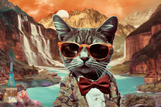 surreal collage of a funny cat ith sunglasses in  a dreamlike landscape background, generative ai illustration