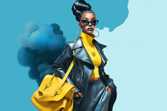 fashion black model with a stylish yellow  and white dress and a handbag, sky clouds  background, generative ai illustration portrait