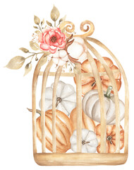 Watercolor hand drawn cage with pumpkins and flower bouquet, autumn composition, fall florals, harvest time