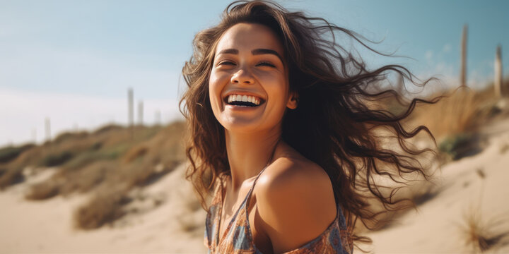 Generative AI - Joyful Summer Serenity: Happy Woman Smiling at the Beach