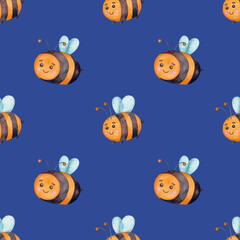 Seamless pattern with bees on a blue background. Watercolor illustration. Insects. Print on fabric and paper. Cartoon. Wallpaper. Nature. Natural. Art. Design. Handmade work.