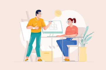 Architect studio yellow concept with people scene in the flat cartoon style. An architect shows the concept of a new building to a client. Vector illustration.