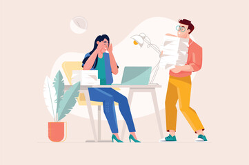 Stress at work yellow concept with people scene in the flat cartoon style. The employee is stressed at work because she does not have time to complete a large number of tasks. Vector illustration.