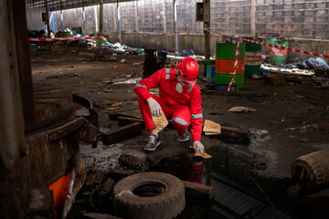 Worker wearing safety uniform and gas mask they used stretching the red white warning tap in...