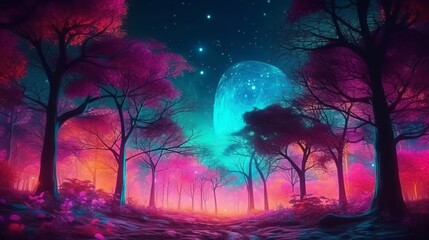 Obraz na płótnie Canvas fantasy of neon forest. Glowing colorful look like fairytale