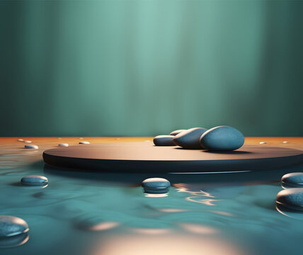 Abstract, Elegant Display Podium with Stylish Pebbles submerged in water. Modern, Contemporary Design. Showcase or minimalist Pedestal.