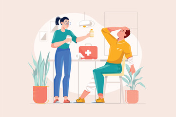 Medical first aid yellow concept with people scene in the flat cartoon design. A nurse provides first aid to a man who has become ill. Vector illustration.