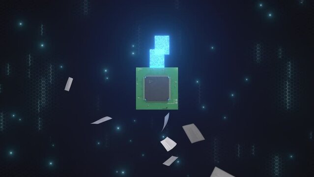 Experience the digital revolution as paper files seamlessly transform into digital data within a captivating 3D animation. The power of digitalization or digital transformation in action.