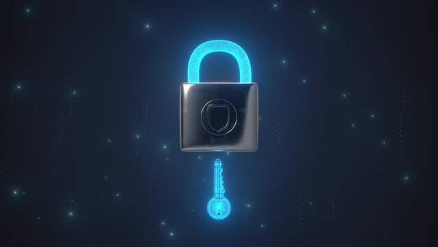 Cybersecurity and data protection. A flurry of files fly into a silver padlock and are locked securely with a key. An electric blue shine shows the valuable information is safe.