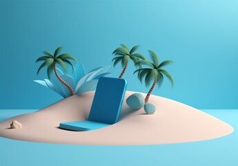 palm creative concept holiday phone up sand sea cyber mock summer. Generative AI.