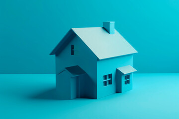 Monochrome generative 3D AI illustration of cottage with windows and chimney on conical roof placed on vivid blue background