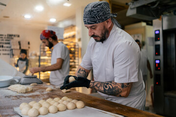 Baker making balls with the dough