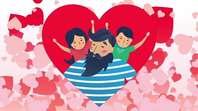 Animation of family icon with man and children and hearts on white background