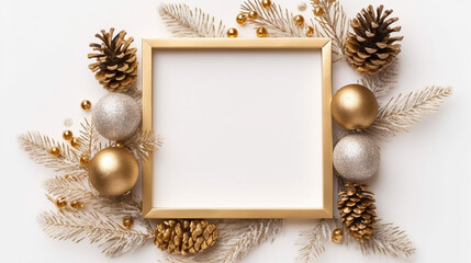 Fototapeta premium Christmas composition. Photo frame, golden decorations, fir tree branches on white background. Christmas, winter, new year concept. Flat lay, top view, copy space