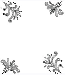 Decorative ornamental corners create a frame. Corners consist of curls, decorative elements and circles. Painted with black dots on a white background.