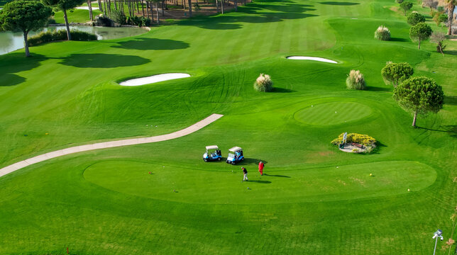 Top view of two men playing golf on a sunny summer day. Aerial view of the green golf course. Hitting the ball with a golf stick. An active type of recreation. Golf car