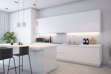 nobody apartment home contemporary white kitchen modern house cabinet design interior. Generative AI.