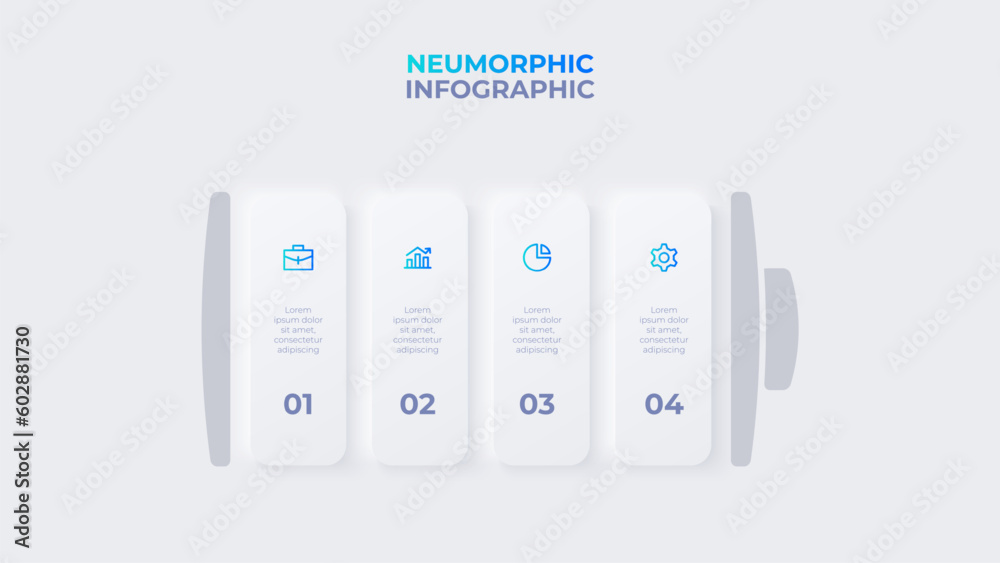Fototapete Vector battery element for infographic. Neumorphic template with 5 options workflow progress