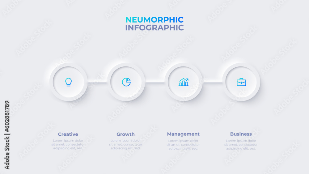 Poster four circles placed in horizontal row. concept of 4 steps of marketing strategy. neumorphic infograp