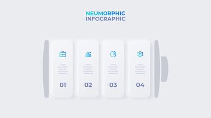 Vector battery element for infographic. Neumorphic template with 5 options workflow progress