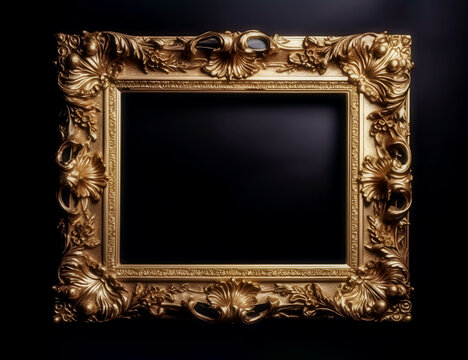 Antique gold frame with empty center in boroch style on black background. mockup frame