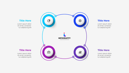 Diagram with four circles connected by thin lines. Template for cycle business presentation. Vector infographic design illustration with 4 options