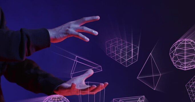 Animation of glowing 3d shapes of data transfer over hands of asian man