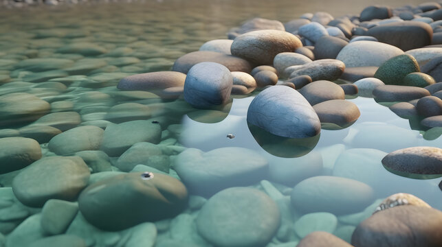 Pebble Rocks Submerged in Water: Photorealistic Nature Background. Close-Up View of Vibrant Stones in a Stream or River, Embracing the Beauty of Nature
