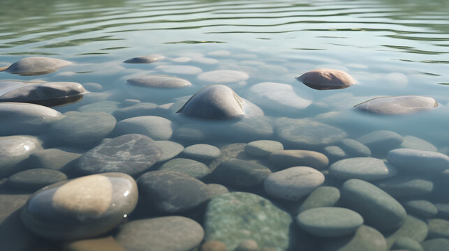 Pebbles Submerged in Water: Photorealistic Nature Background. Close-Up View of Vibrant Stones in a Stream or River, Embracing the Beauty of Nature
