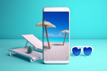 sand concept cyber palm up phone summer creative holiday sea mock. Generative AI.